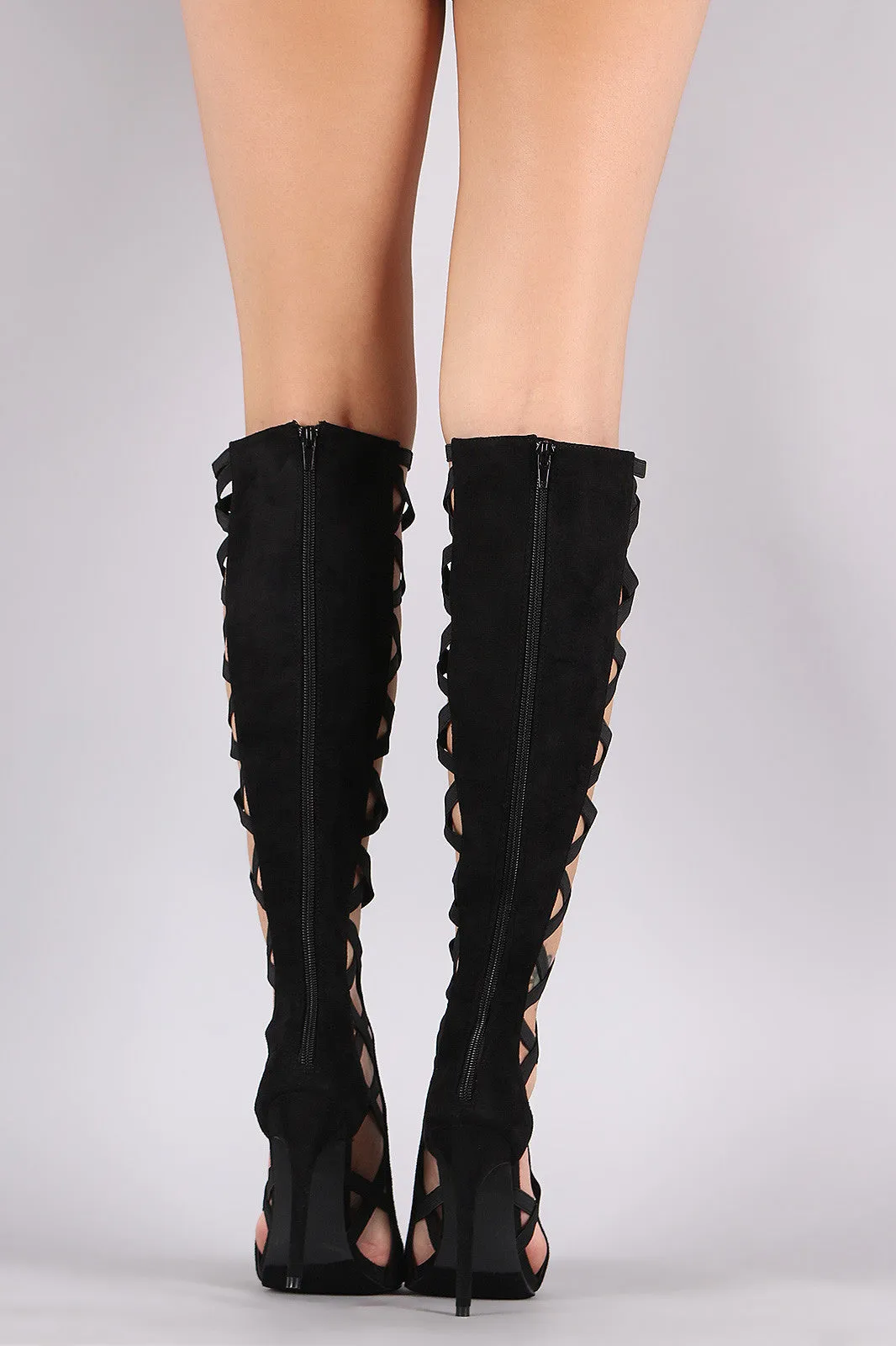 Nadi - Suede Crisscross Elastic Peep Toe Stiletto Boots