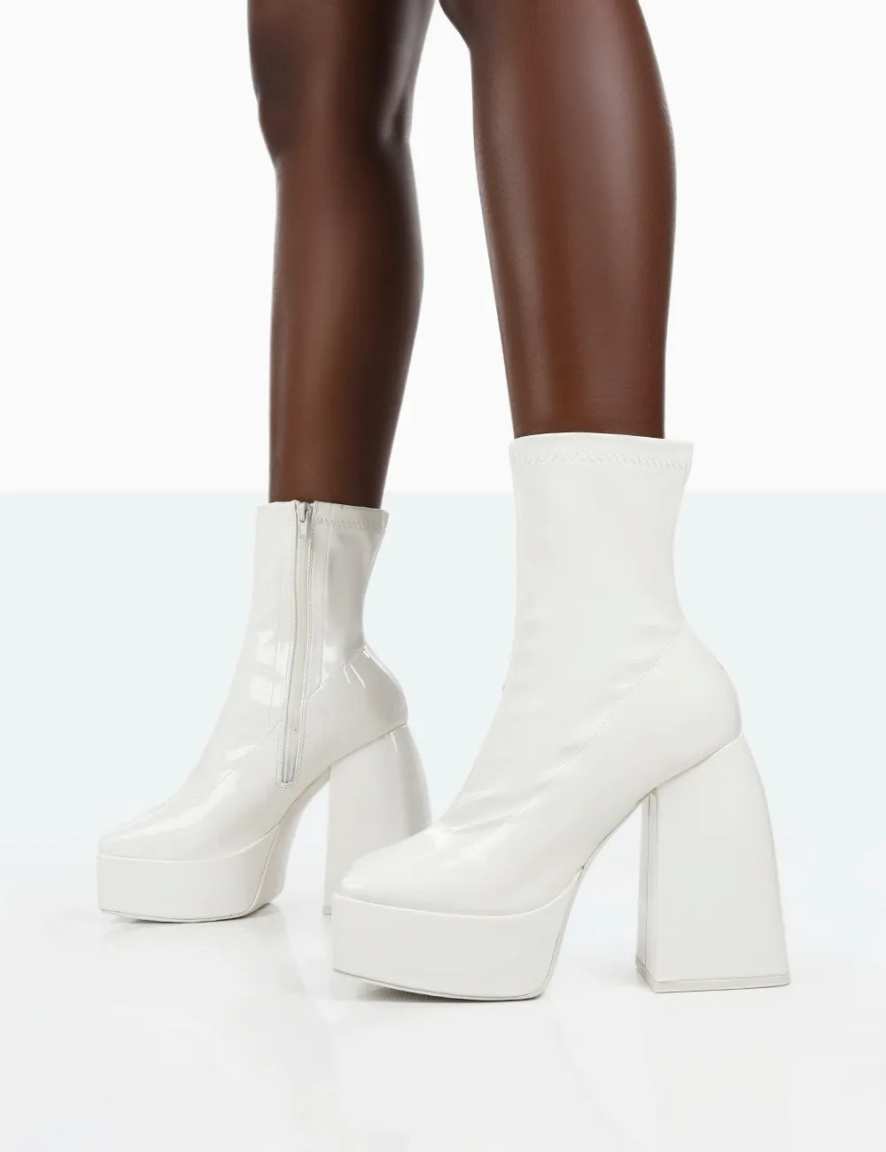 Own Thing Wide Fit White Patent Chunky Square Toe Platform Heel Block Ankle Boots