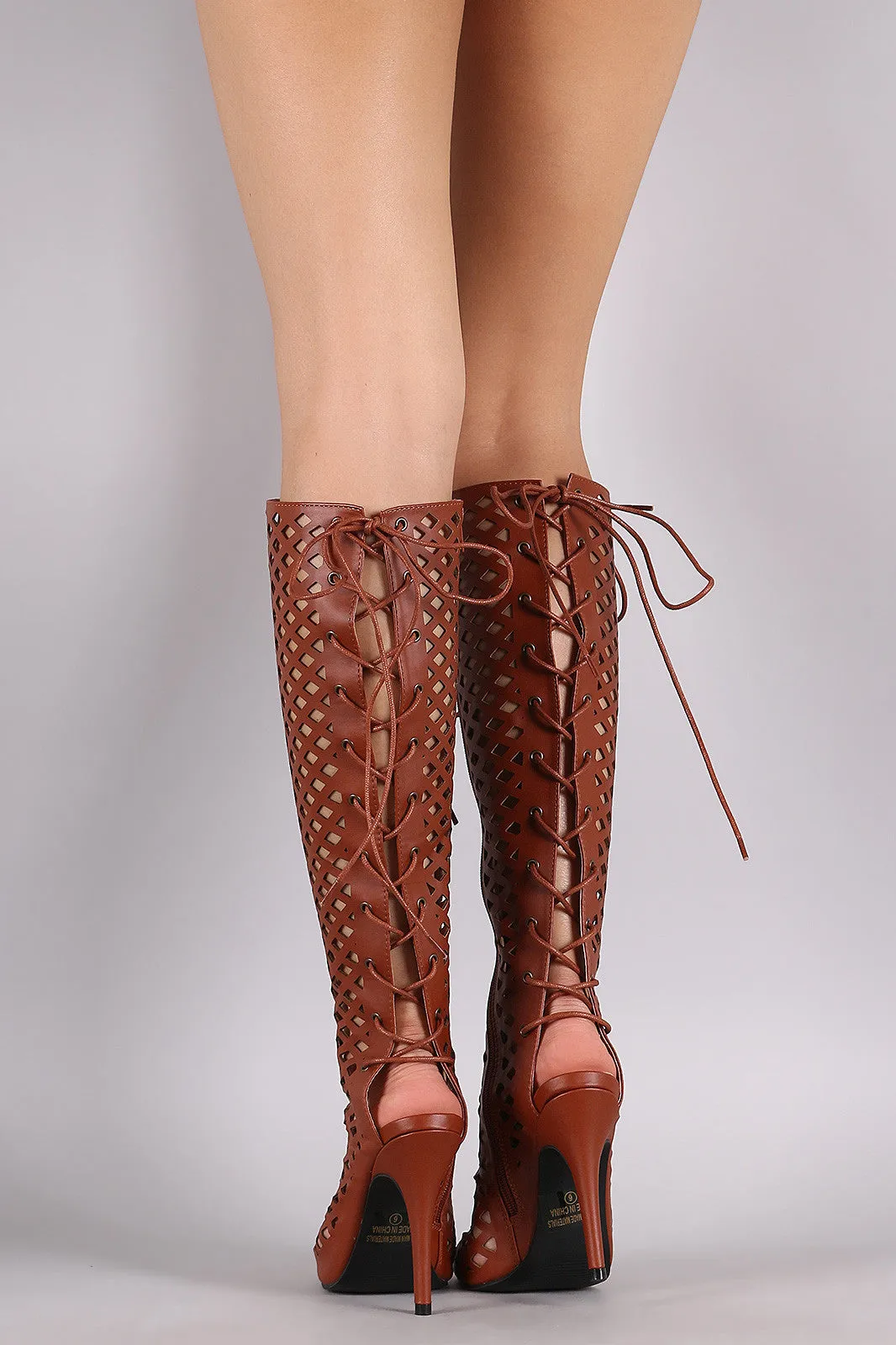 Perforated Peep Toe Lace Up Knee High Boots