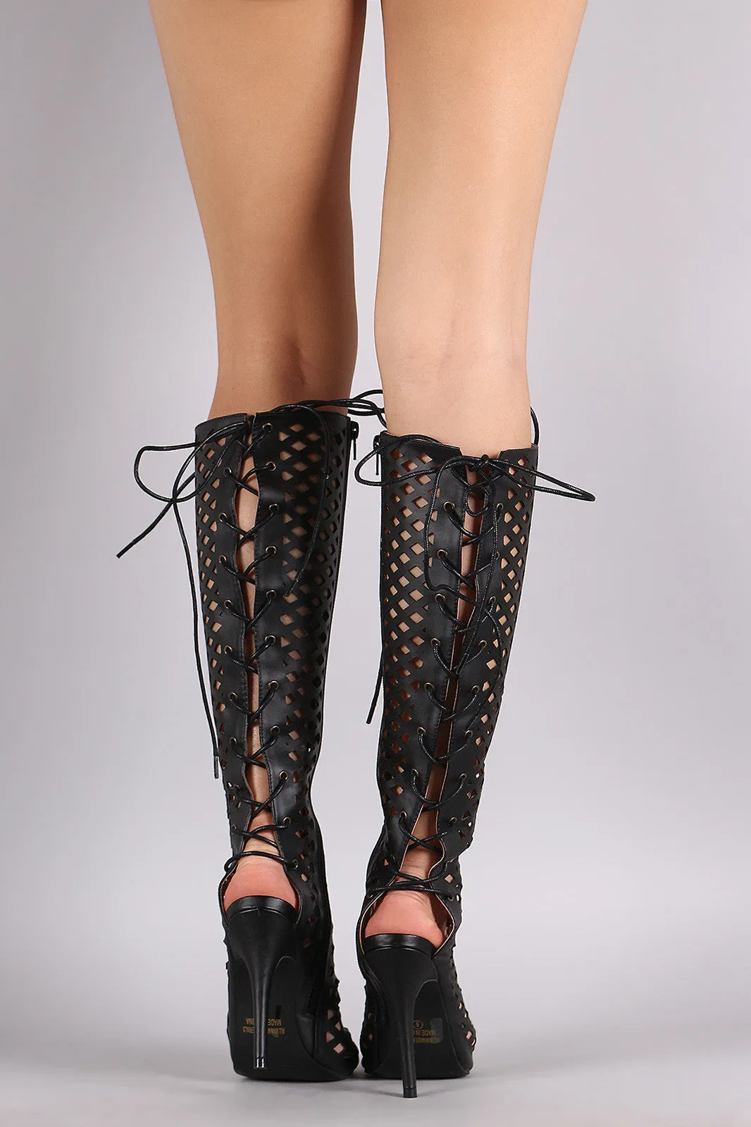 Perforated Peep Toe Lace Up Knee High Boots