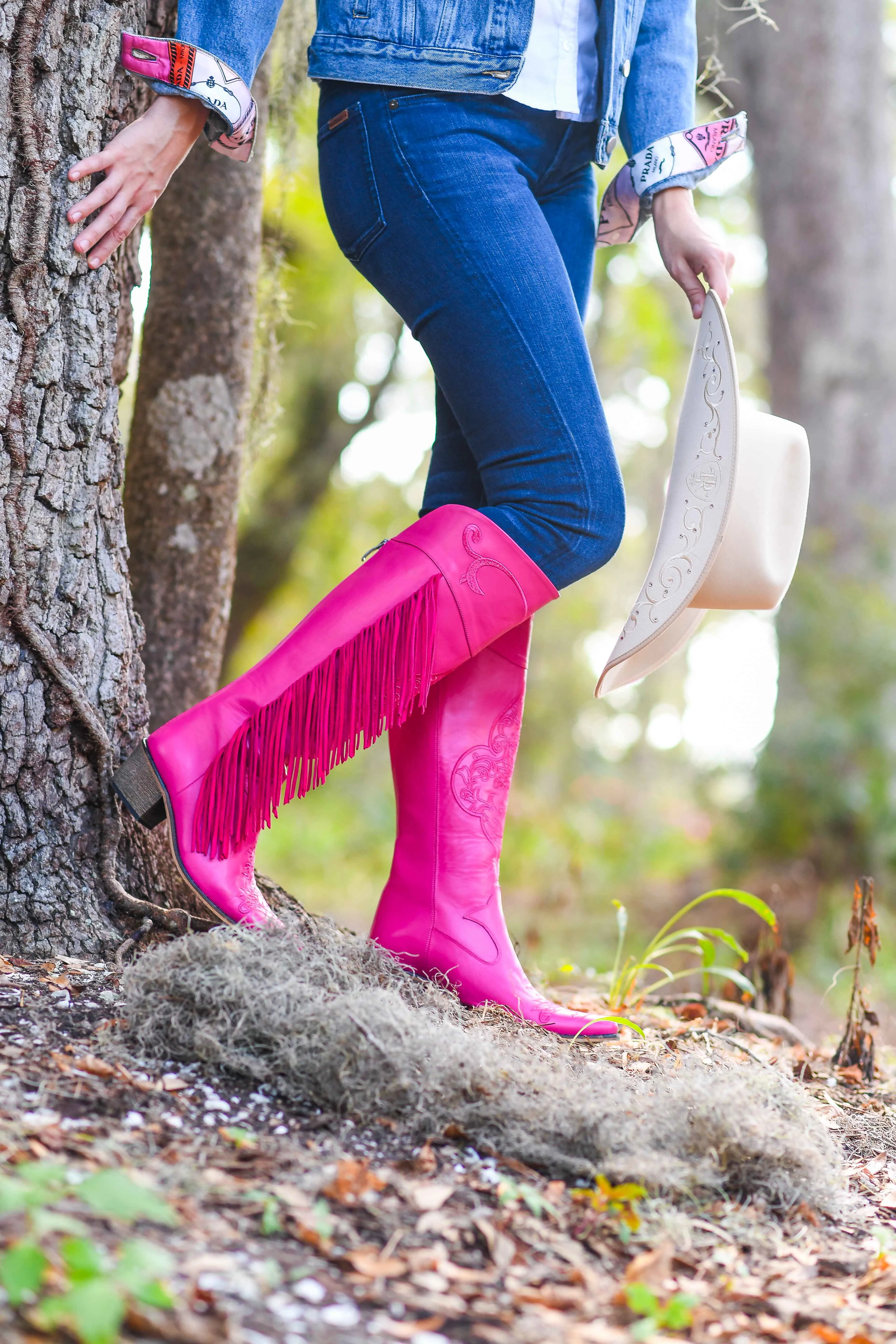 Pink Embroidered Fringe Tall Cowboy