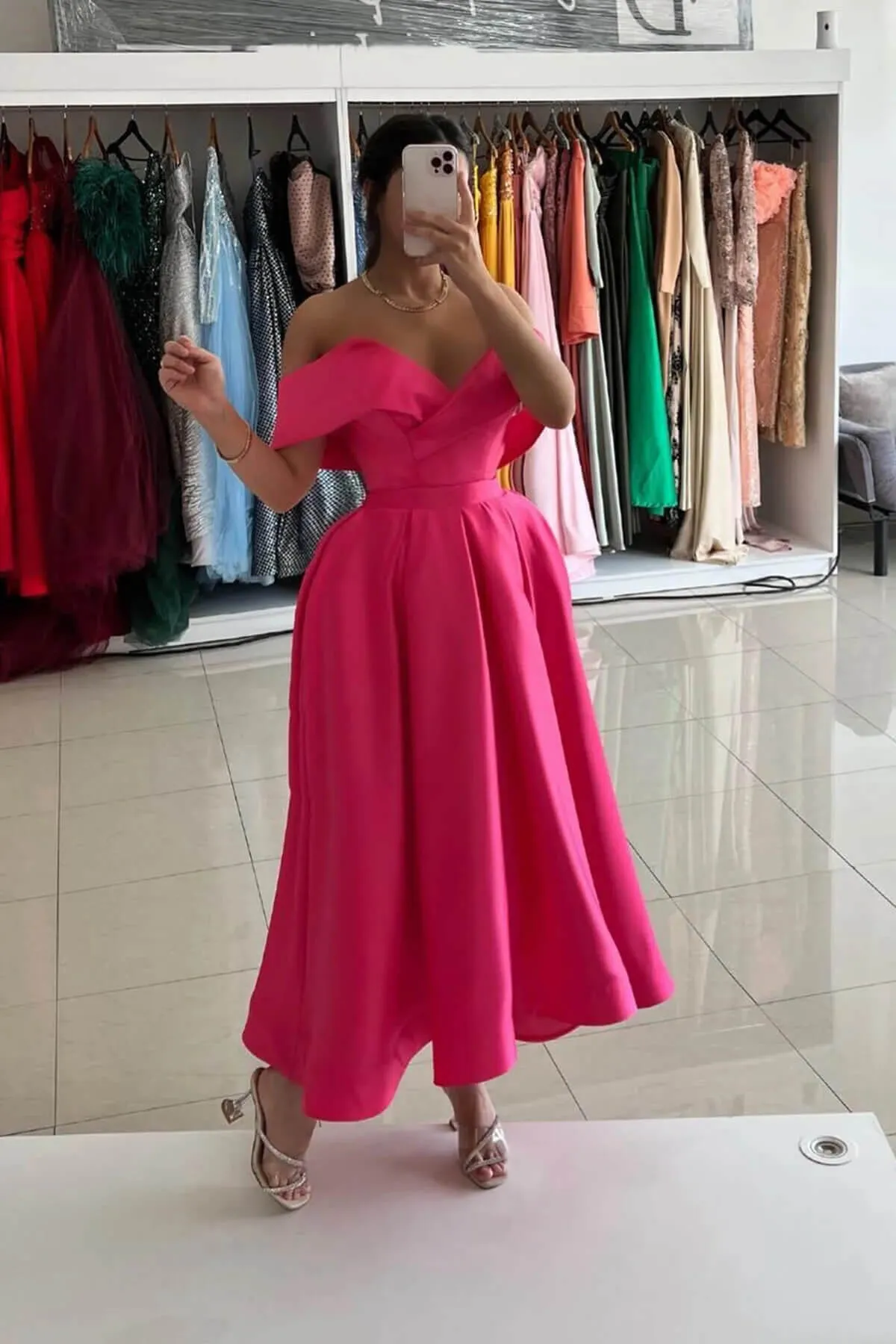 Pink Midi Length Formal Dress Off the Shoulder Satin Prom Dresses