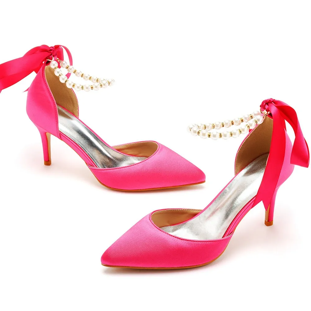 Pointed Toe Satin Pearl Ribbon Ankle Strap High Heels