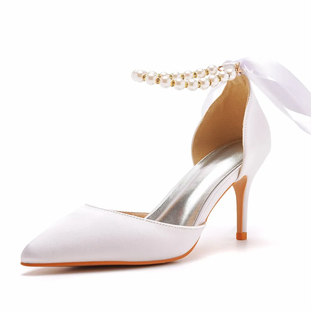 Pointed Toe Satin Pearl Ribbon Ankle Strap High Heels