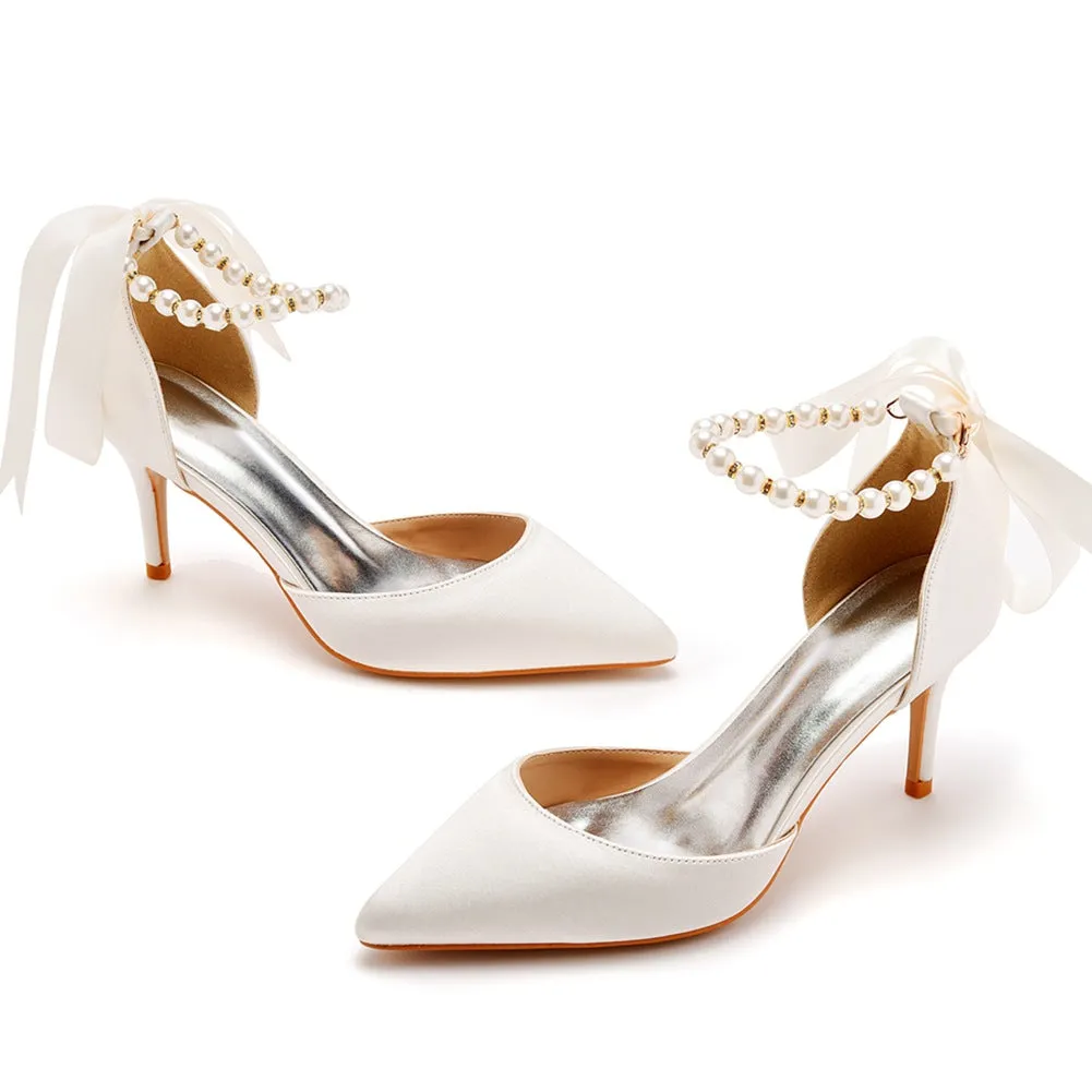 Pointed Toe Satin Pearl Ribbon Ankle Strap High Heels