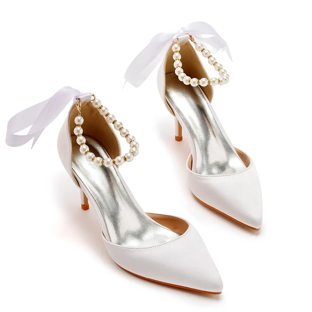 Pointed Toe Satin Pearl Ribbon Ankle Strap High Heels