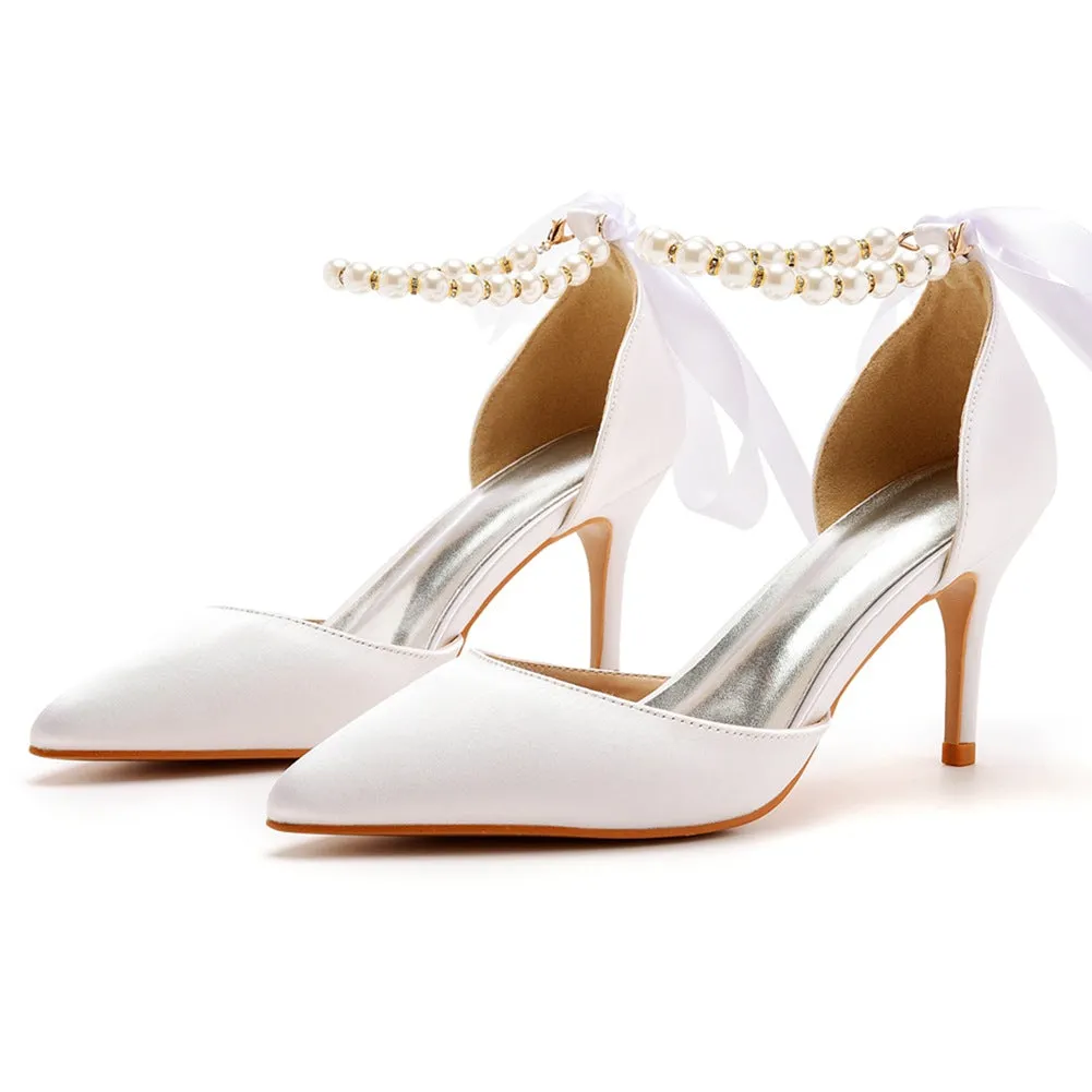 Pointed Toe Satin Pearl Ribbon Ankle Strap High Heels