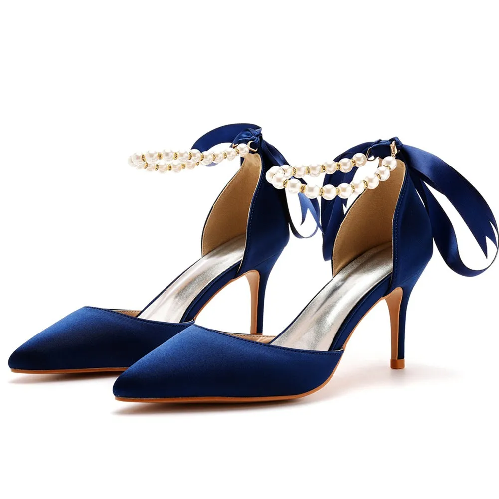 Pointed Toe Satin Pearl Ribbon Ankle Strap High Heels