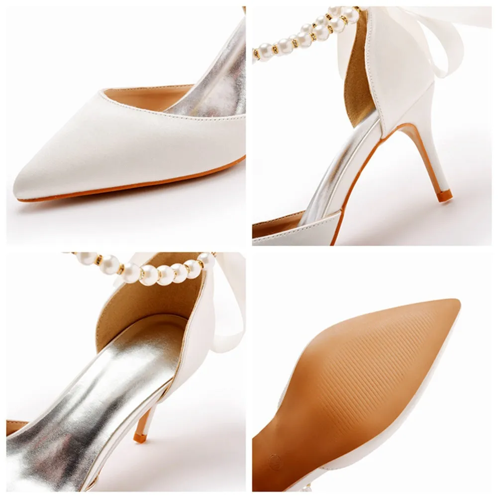 Pointed Toe Satin Pearl Ribbon Ankle Strap High Heels