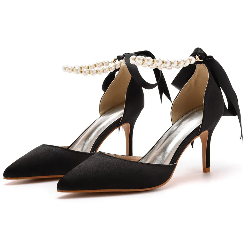 Pointed Toe Satin Pearl Ribbon Ankle Strap High Heels