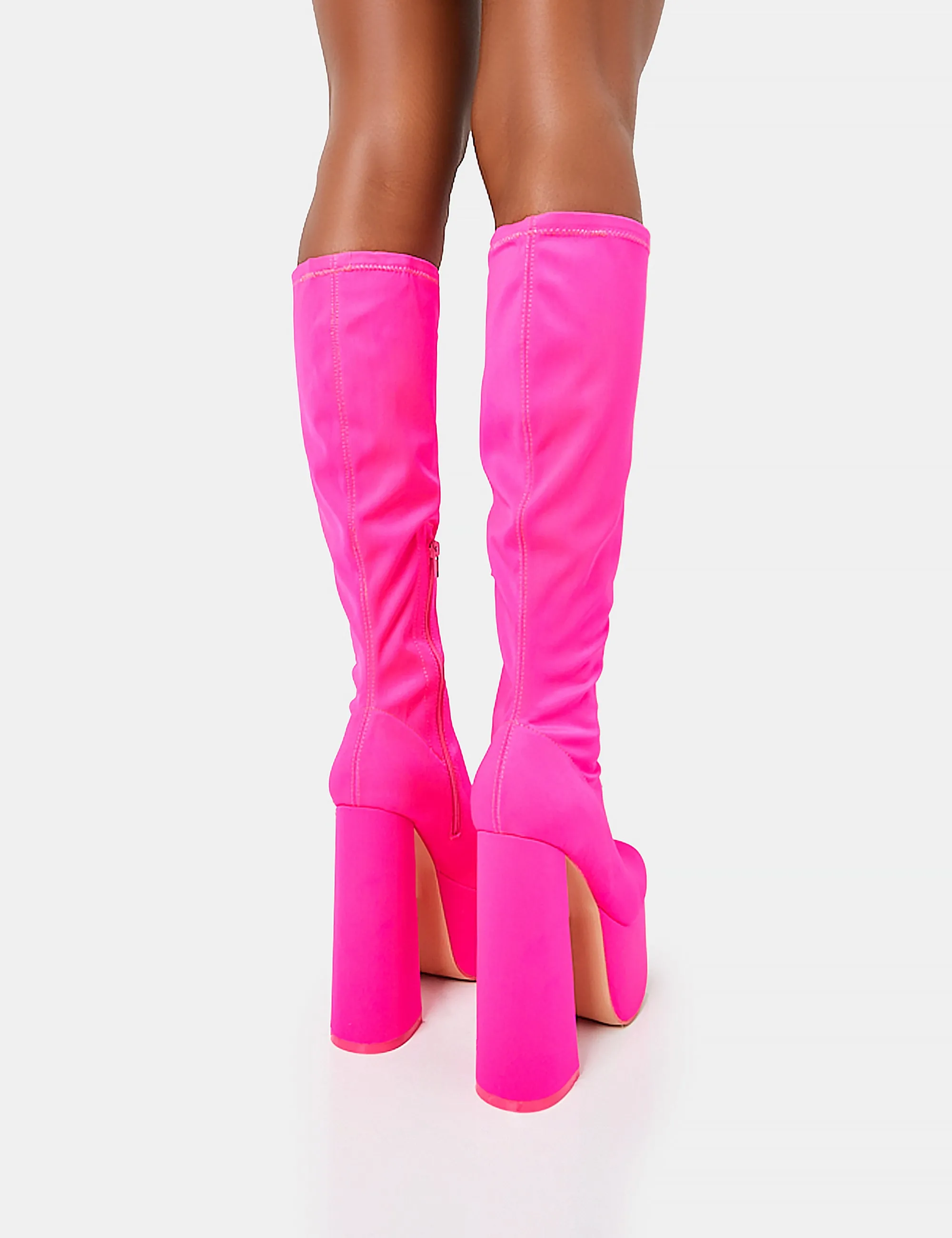 Polished Hot Pink Nylon Platform Rounded Block Heeled Knee High Boots