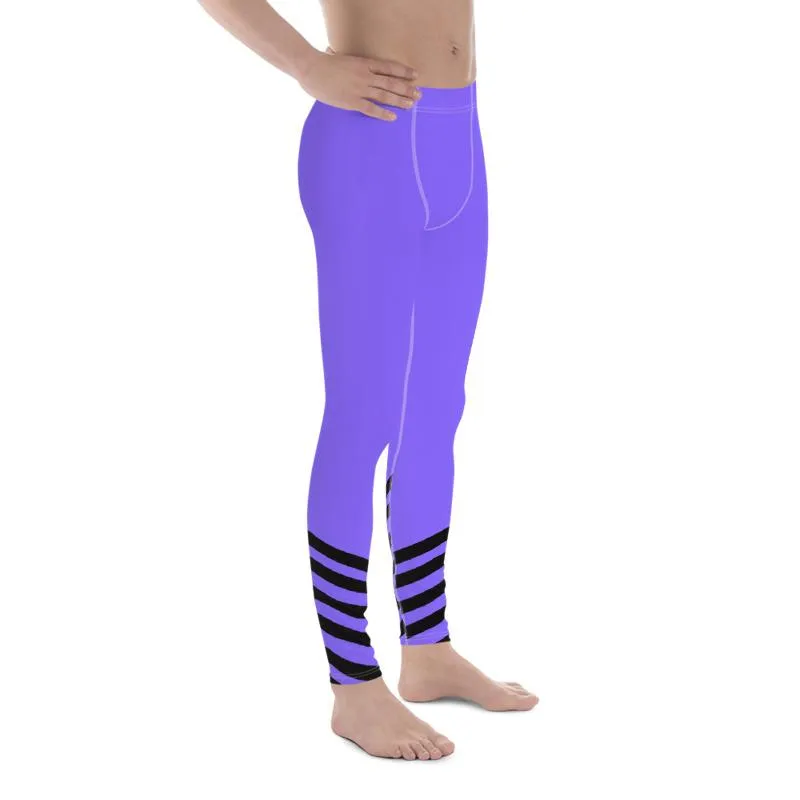 Purple Black Stripe Meggings, Diagonal Stripe Print Men's Leggings Run Tights- Made in USA/ EU