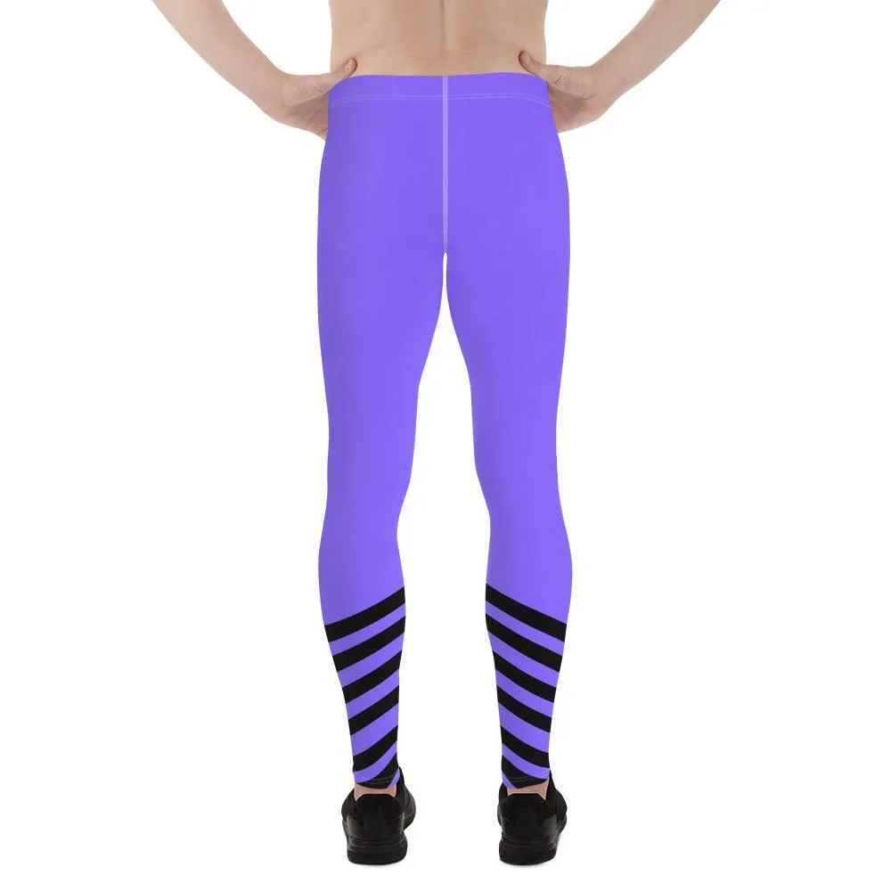 Purple Black Stripe Meggings, Diagonal Stripe Print Men's Leggings Run Tights- Made in USA/ EU