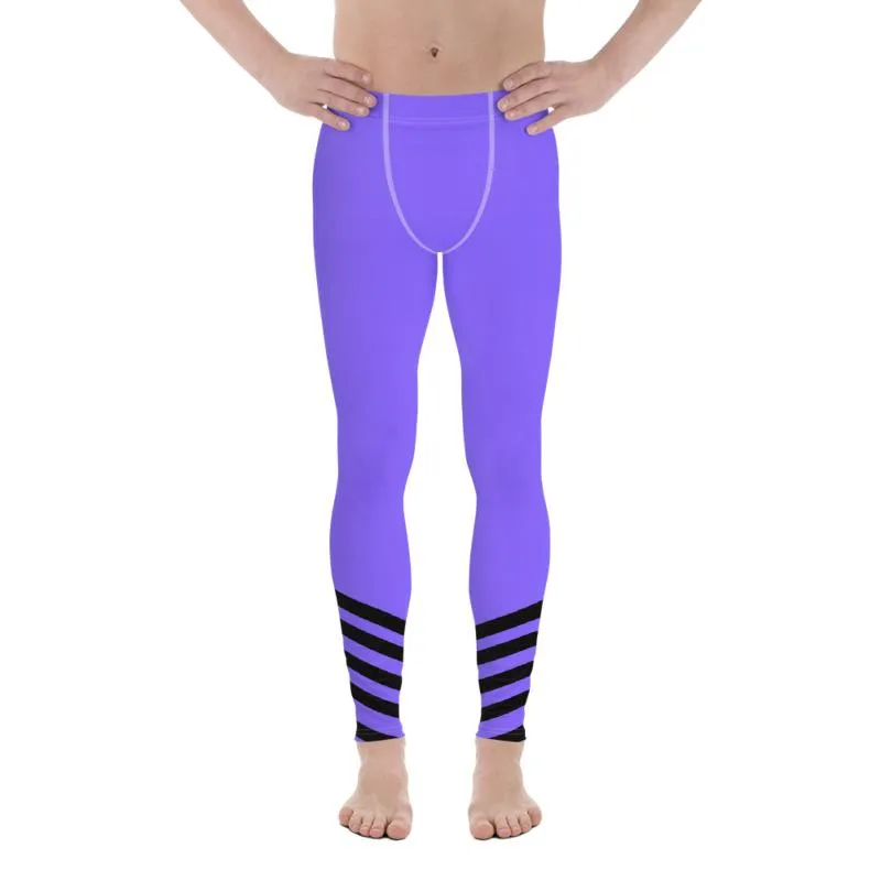 Purple Black Stripe Meggings, Diagonal Stripe Print Men's Leggings Run Tights- Made in USA/ EU