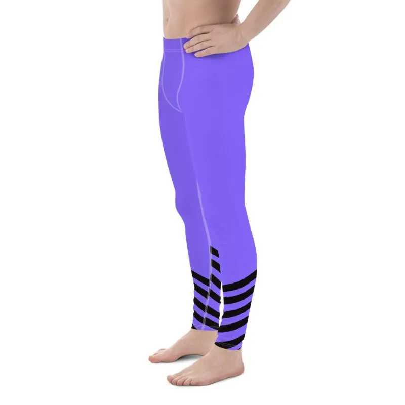 Purple Black Stripe Meggings, Diagonal Stripe Print Men's Leggings Run Tights- Made in USA/ EU