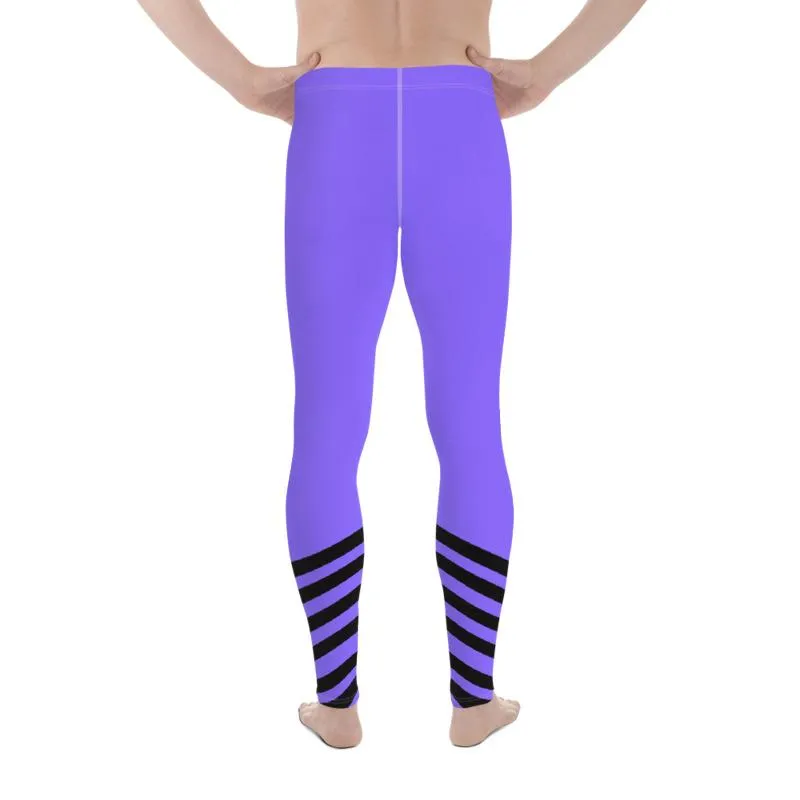 Purple Black Stripe Meggings, Diagonal Stripe Print Men's Leggings Run Tights- Made in USA/ EU