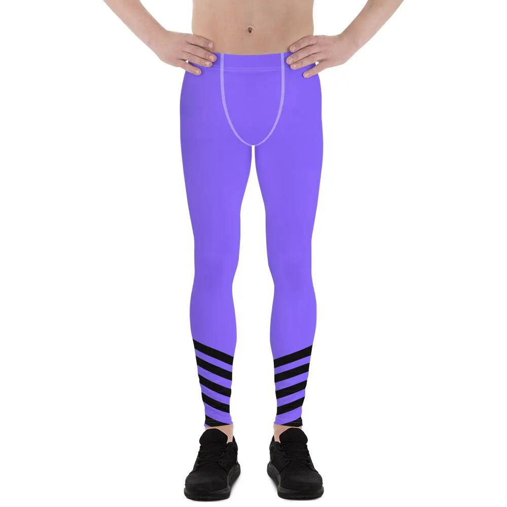 Purple Black Stripe Meggings, Diagonal Stripe Print Men's Leggings Run Tights- Made in USA/ EU