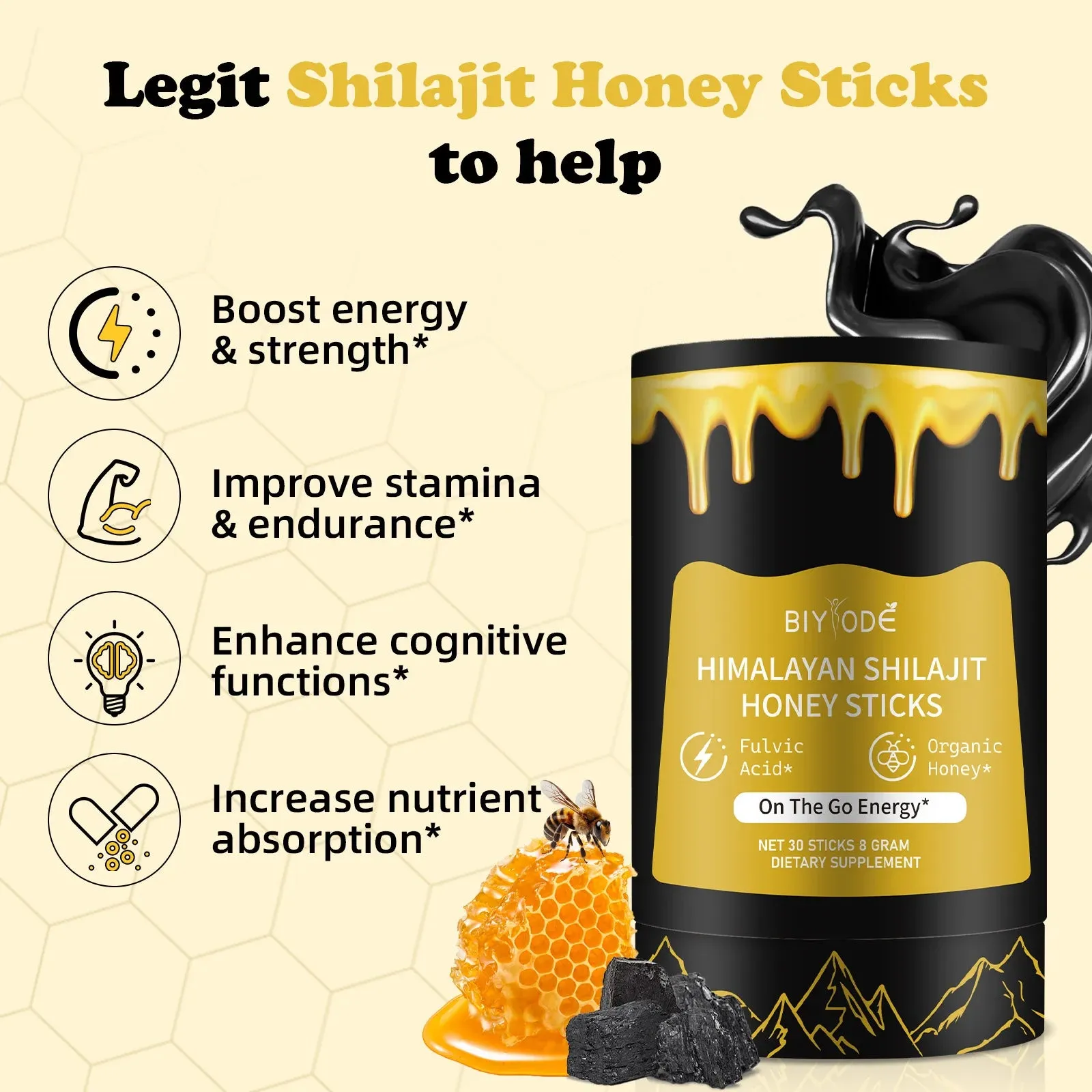 "Himalayan Shilajit Resin Honey Sticks – 30 Sticks of Natural Shilajit Resin, Sourced with Fulvic Acid, Sugar-Free, Individually Wrapped for Convenience"