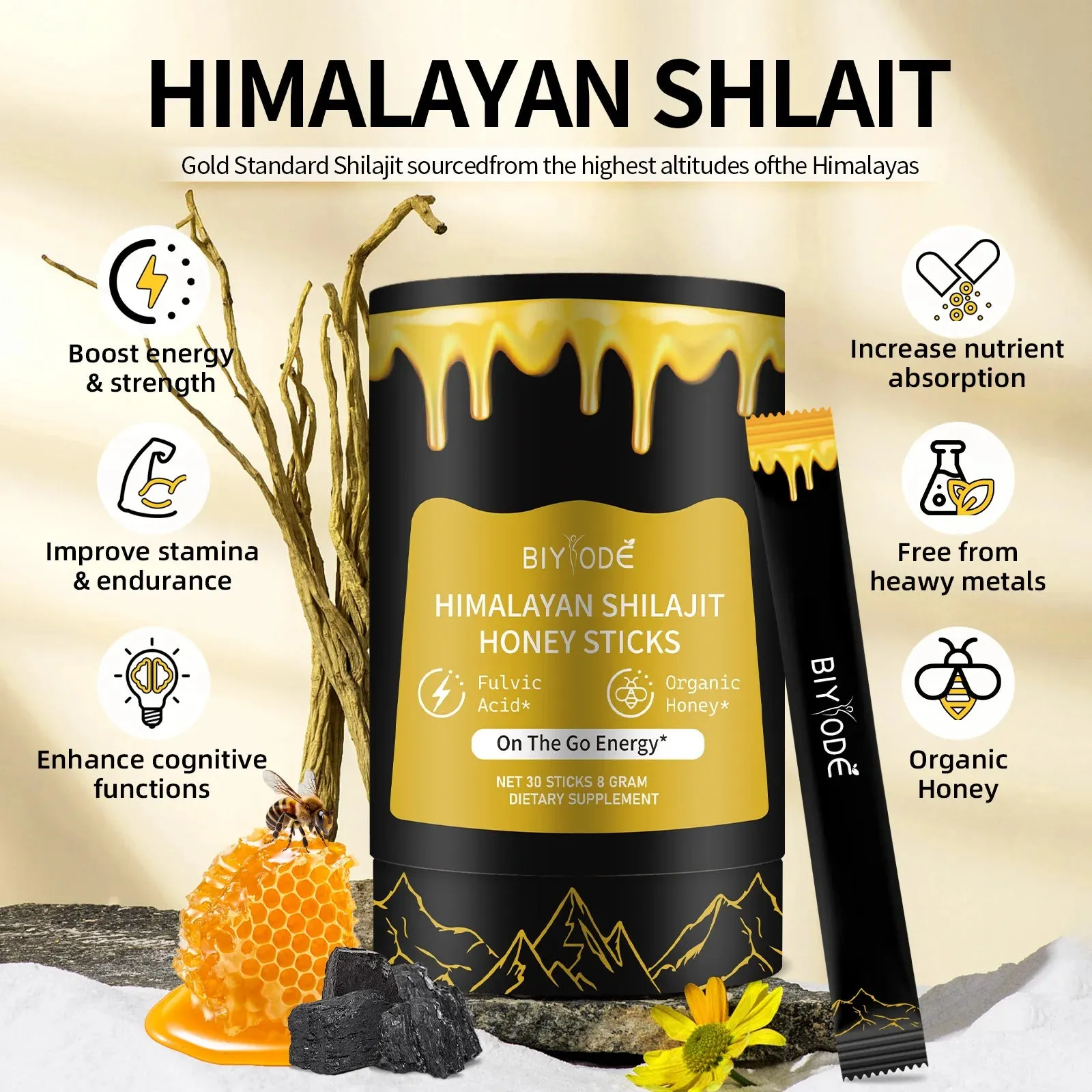 "Himalayan Shilajit Resin Honey Sticks – 30 Sticks of Natural Shilajit Resin, Sourced with Fulvic Acid, Sugar-Free, Individually Wrapped for Convenience"