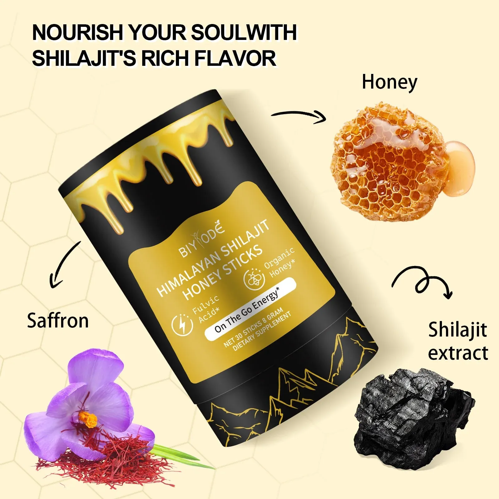 "Himalayan Shilajit Resin Honey Sticks – 30 Sticks of Natural Shilajit Resin, Sourced with Fulvic Acid, Sugar-Free, Individually Wrapped for Convenience"