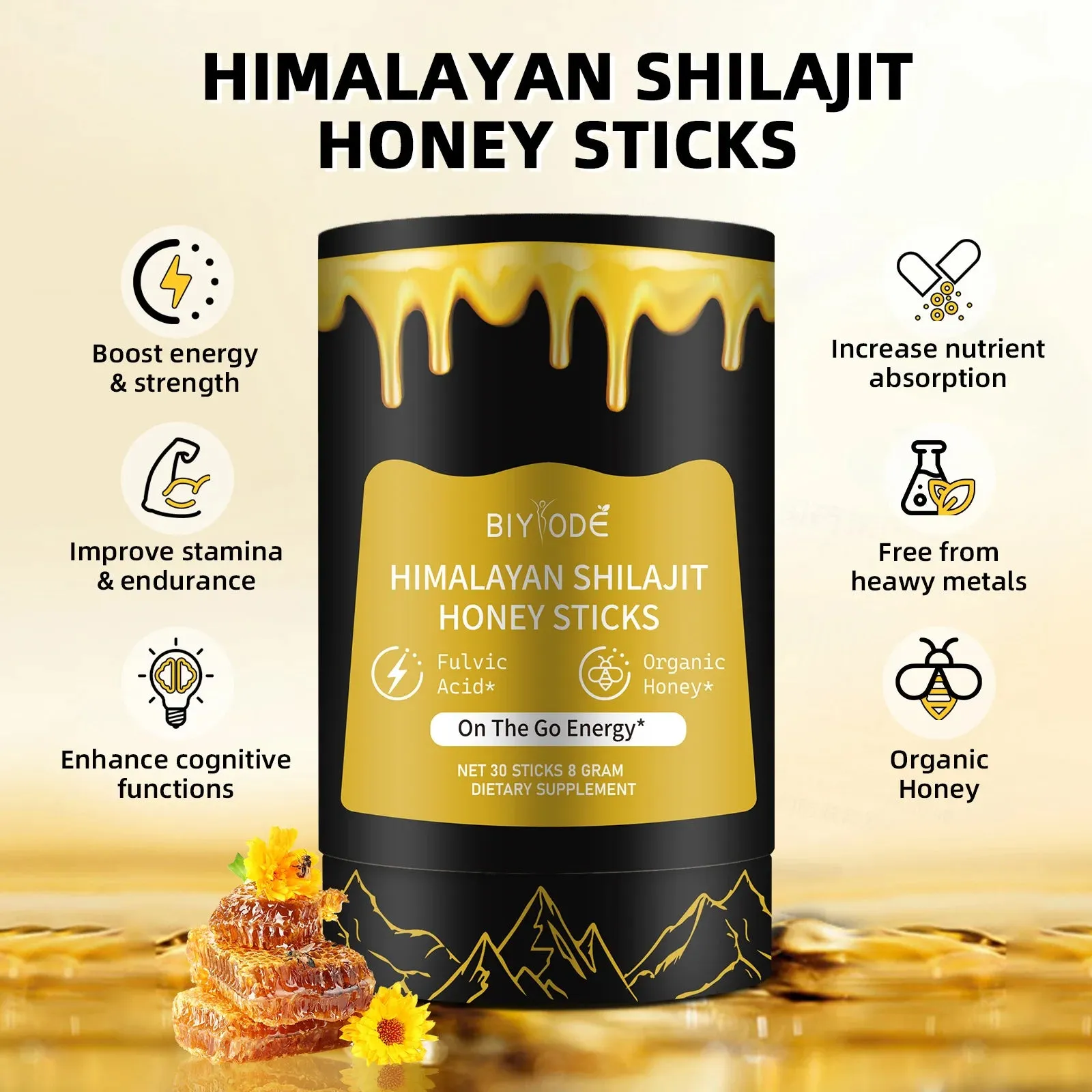 "Himalayan Shilajit Resin Honey Sticks – 30 Sticks of Natural Shilajit Resin, Sourced with Fulvic Acid, Sugar-Free, Individually Wrapped for Convenience"