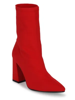 Red Lycra Sock Block Heel Ankle Boots