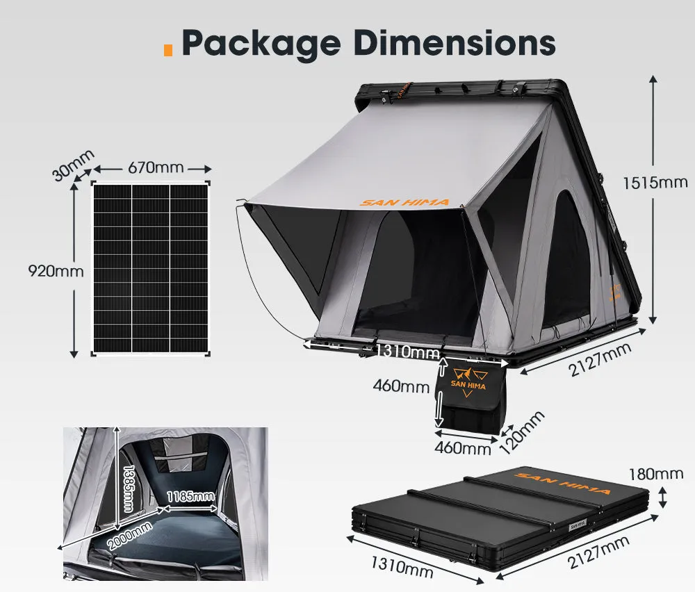 San Hima Kalbarri Roof Top Tent Hardshell With Roof Rack   130W Solar Panel