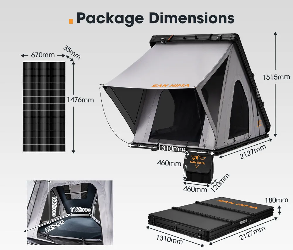 San Hima Kalbarri Roof Top Tent Hardshell With Roof Rack   200W Solar Panel