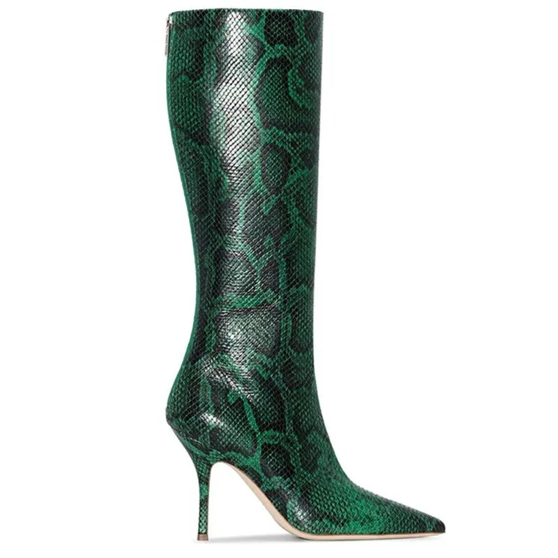 Snake Print Stiletto Knee High Boots