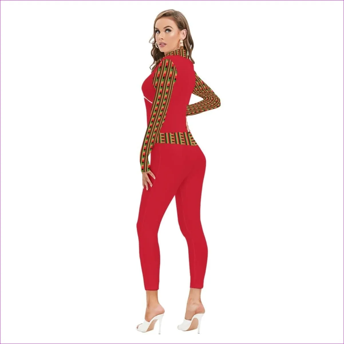 Striped Galore Red Women's Long-sleeved High-neck Jumpsuit With Zipper