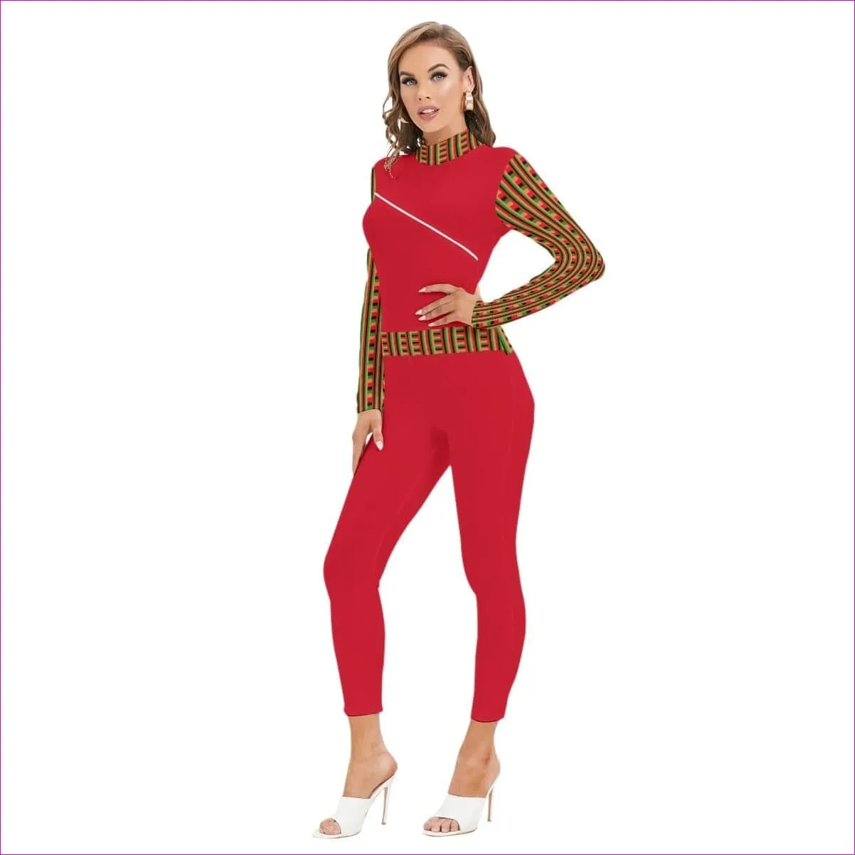 Striped Galore Red Women's Long-sleeved High-neck Jumpsuit With Zipper