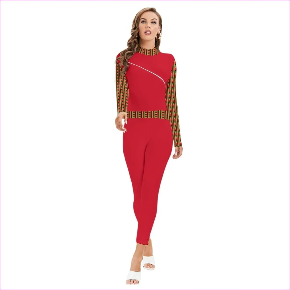 Striped Galore Red Women's Long-sleeved High-neck Jumpsuit With Zipper