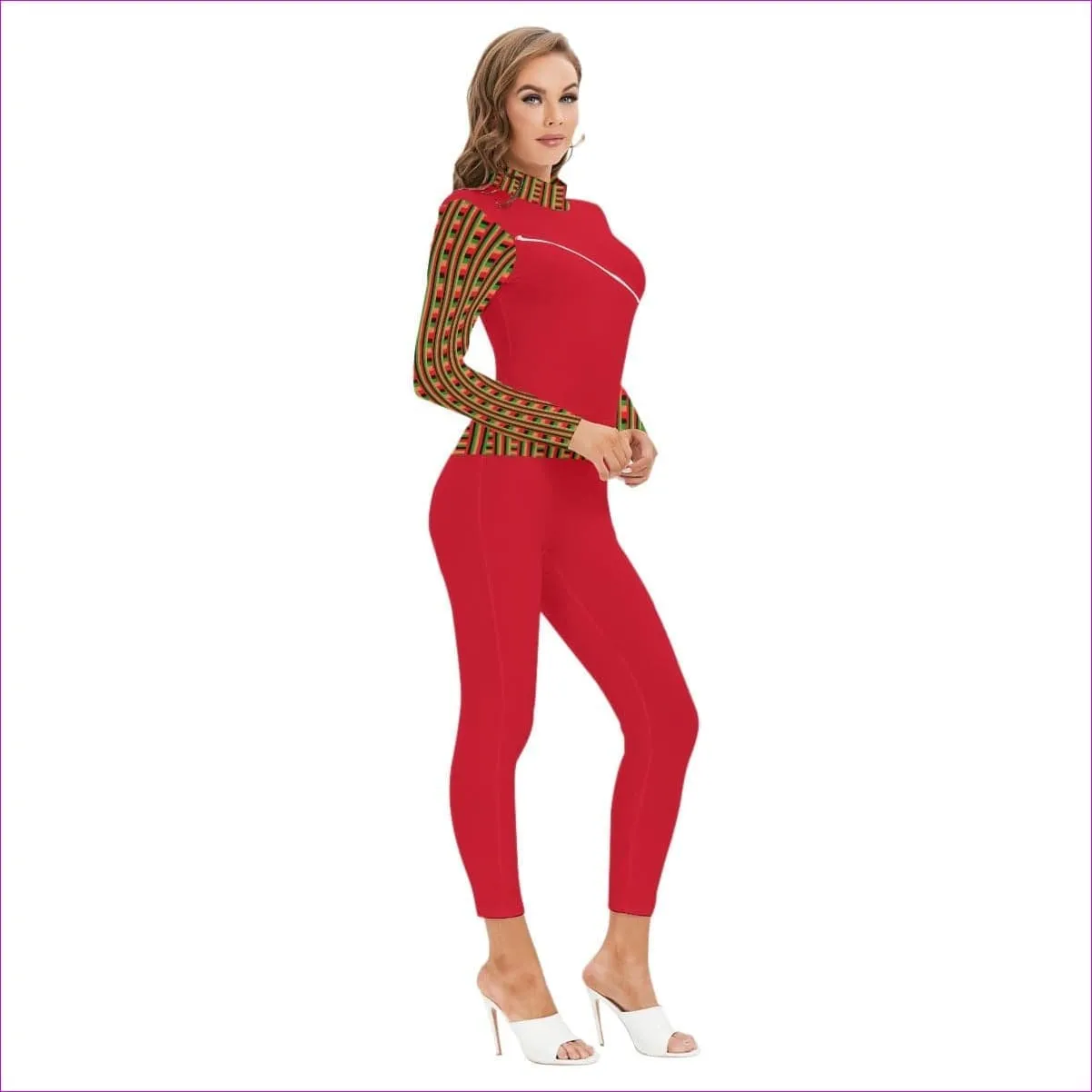 Striped Galore Red Women's Long-sleeved High-neck Jumpsuit With Zipper