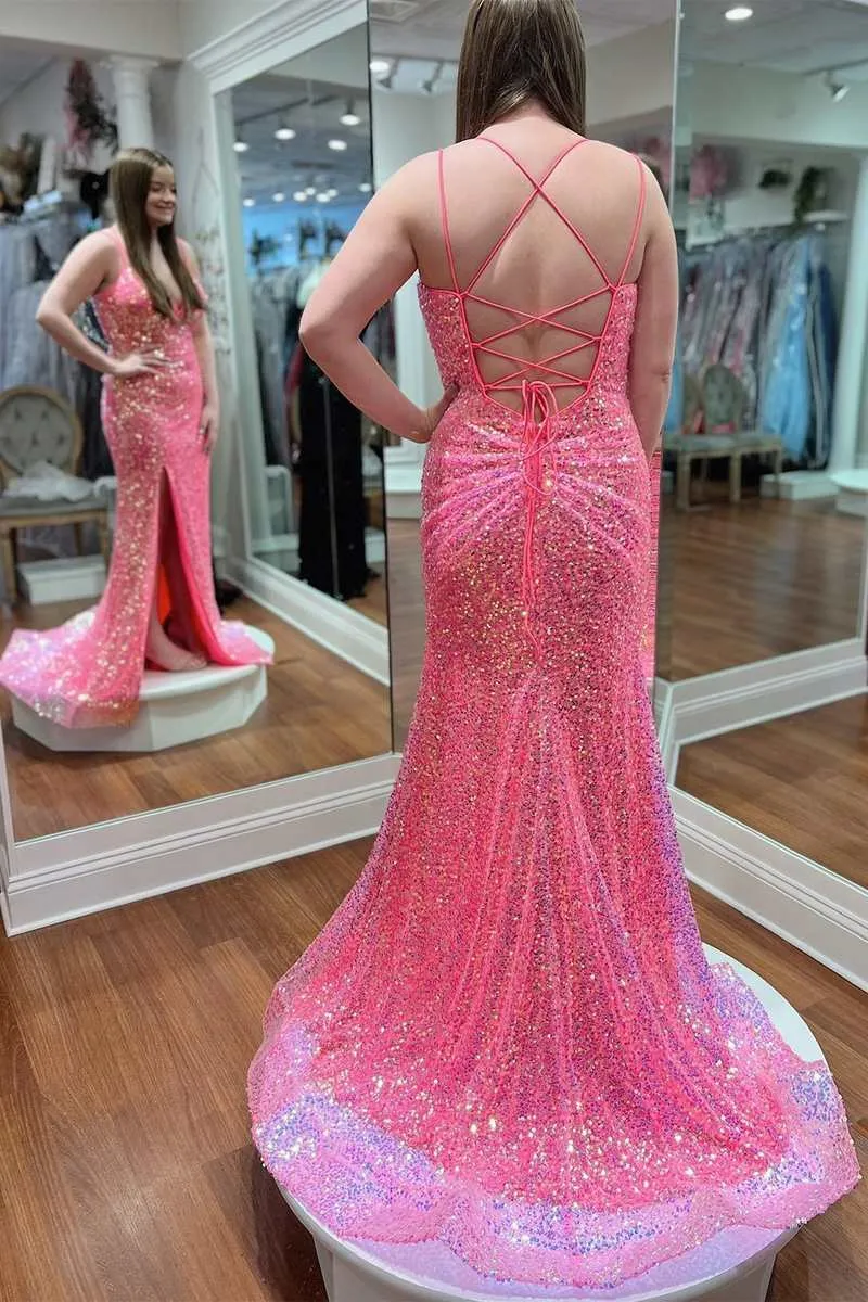 Stunning Pink Sequin V-Neck Mermaid Long Evening Dress,Leg Split Formal Gala Dresses