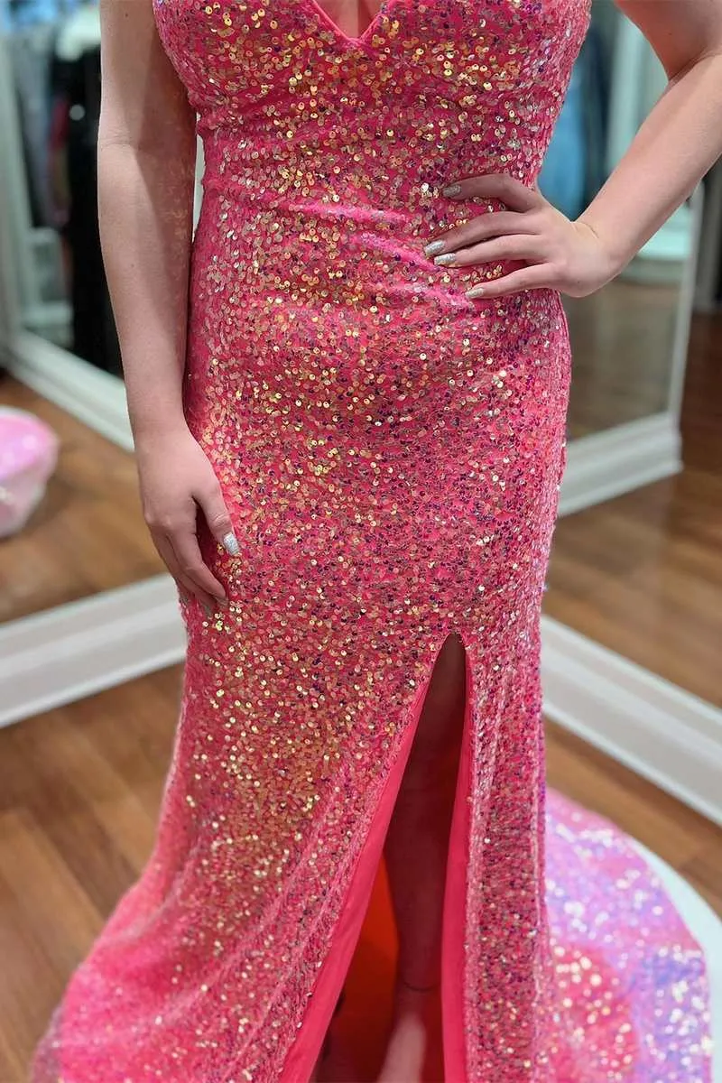 Stunning Pink Sequin V-Neck Mermaid Long Evening Dress,Leg Split Formal Gala Dresses