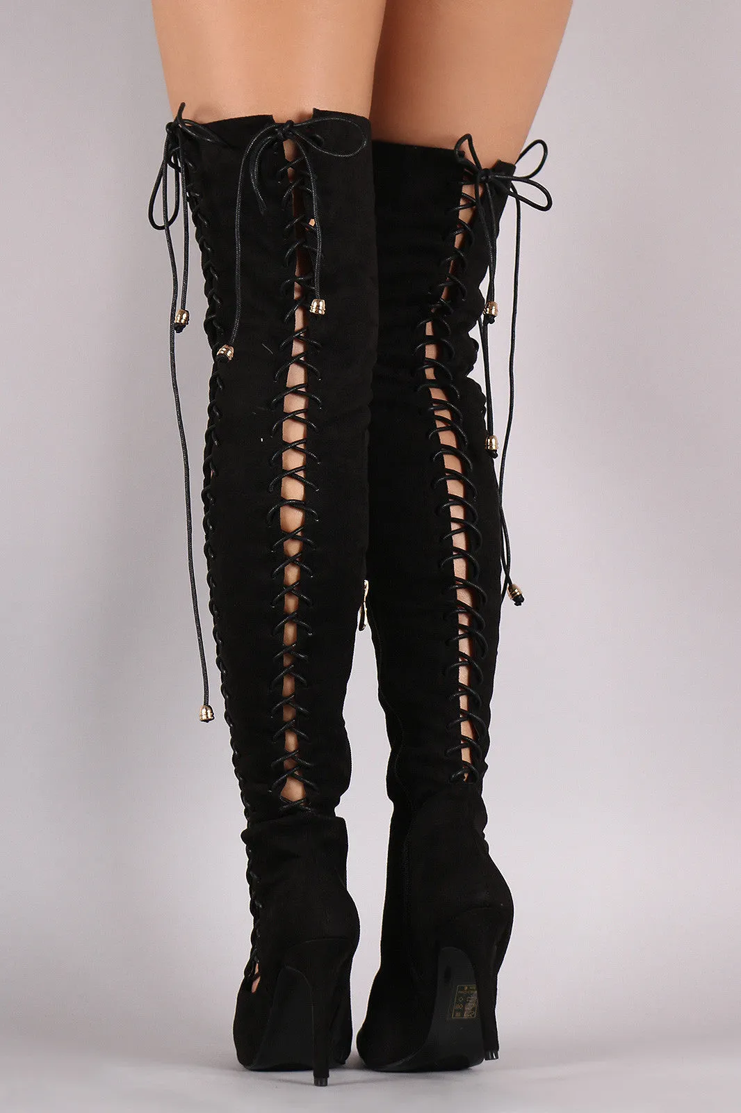 Sue - Lace Up Pointy Toe Stiletto Over-The-Knee Boots