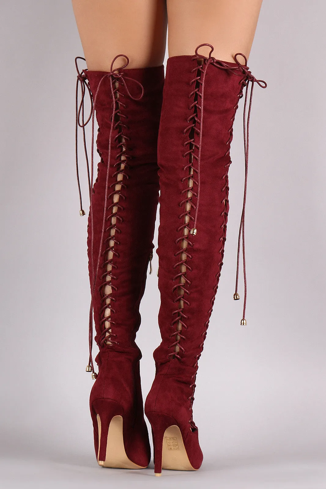 Sue - Lace Up Pointy Toe Stiletto Over-The-Knee Boots