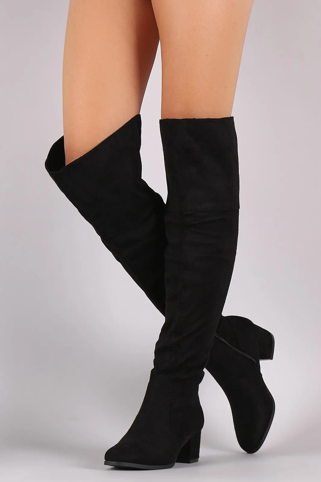 Suede Cuff Back-Slit Block Heeled Over-The-Knee Boots