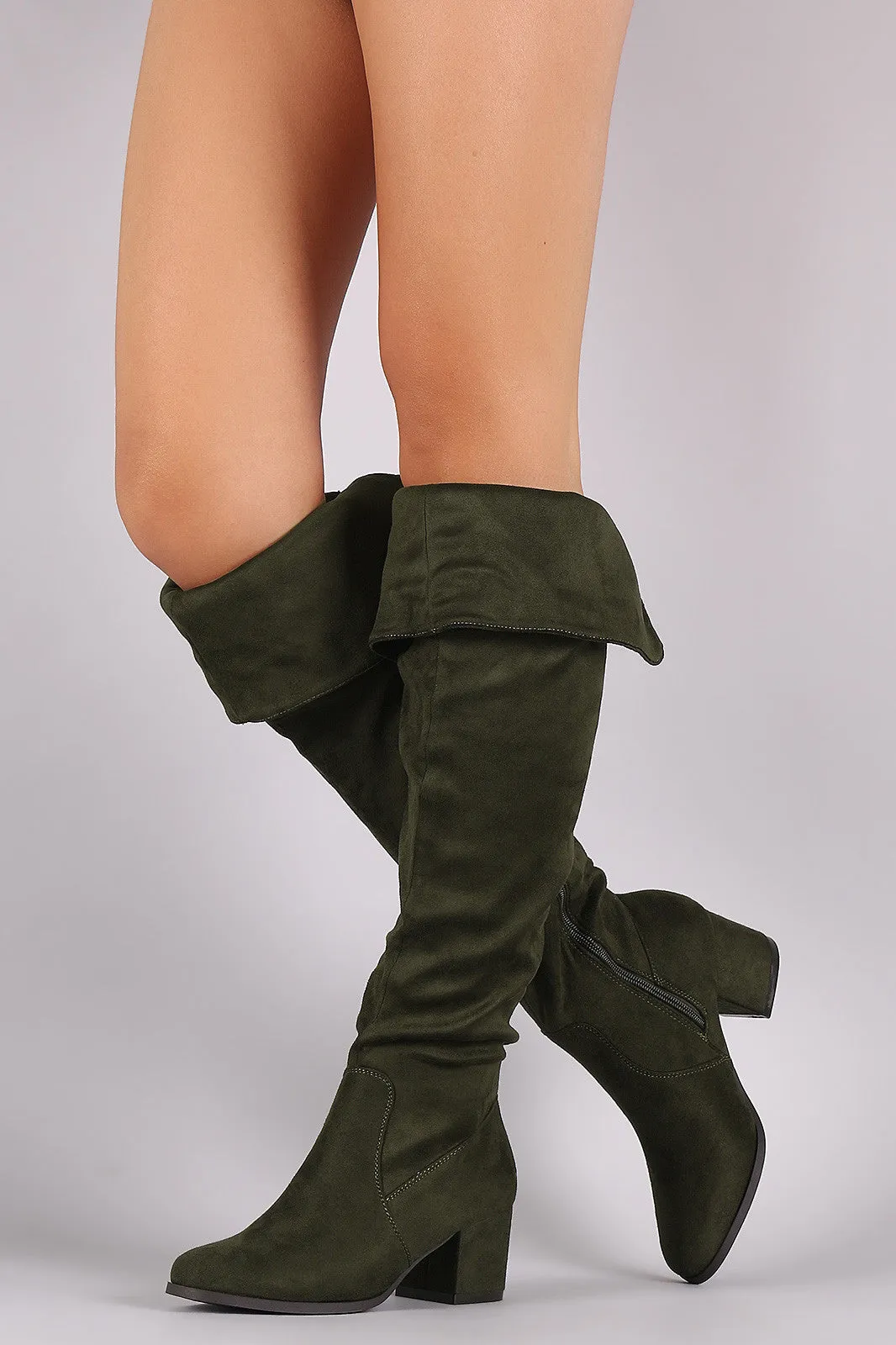 Suede Cuff Back-Slit Block Heeled Over-The-Knee Boots