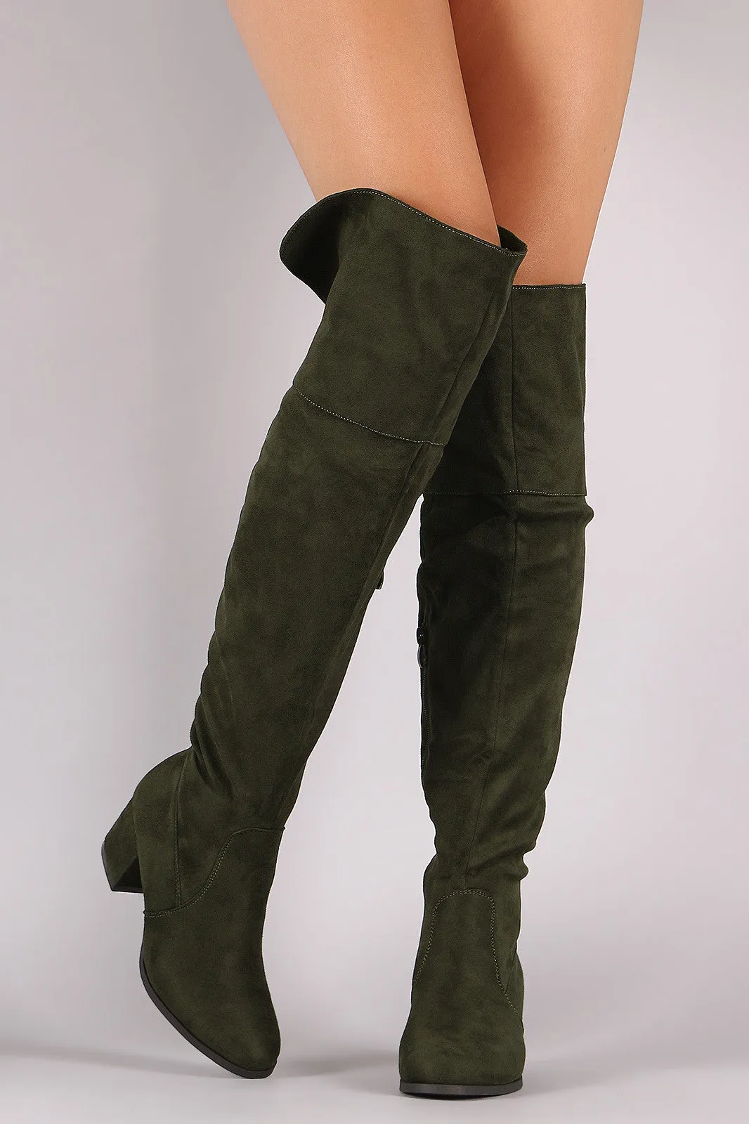 Suede Cuff Back-Slit Block Heeled Over-The-Knee Boots