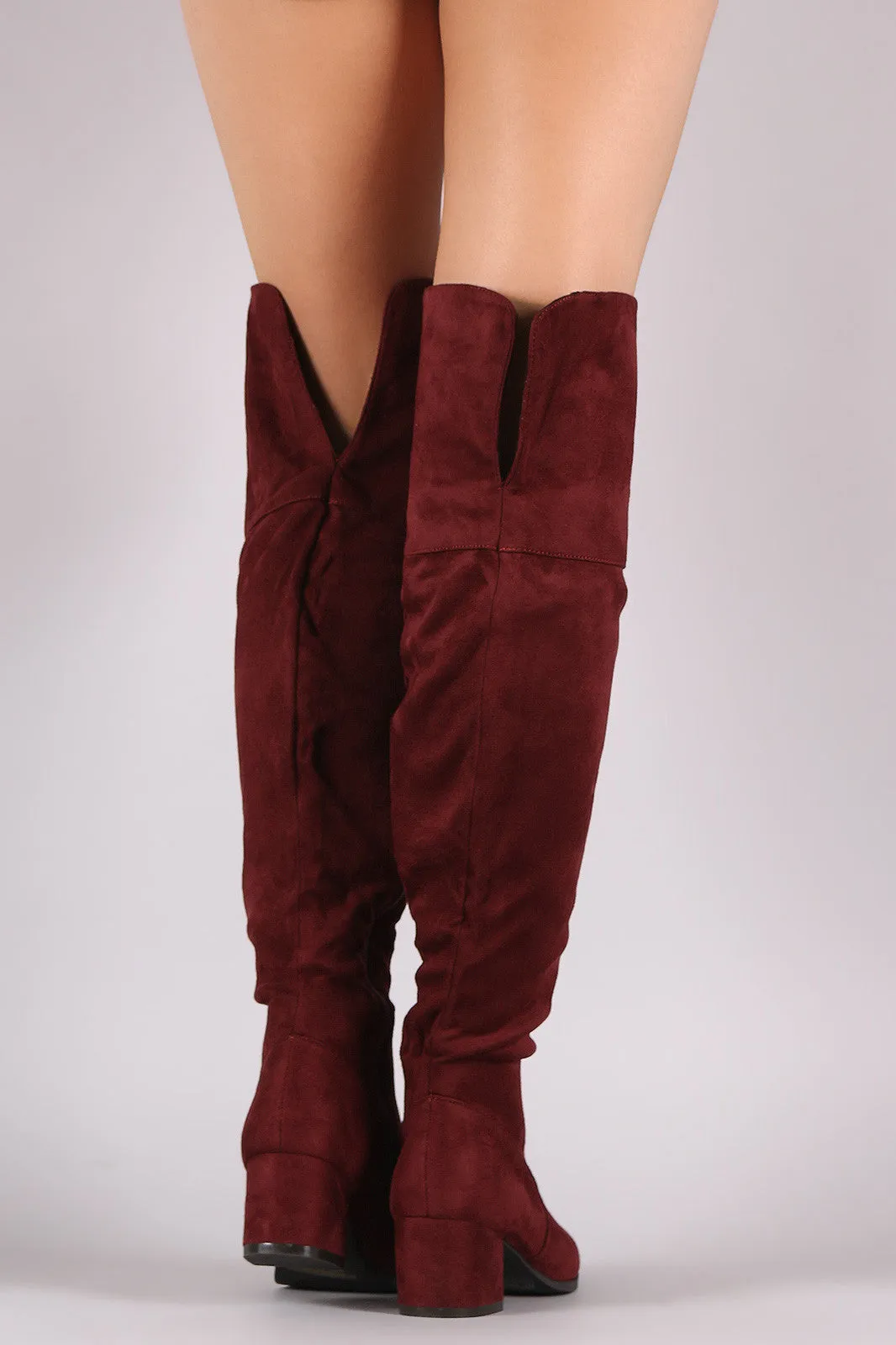 Suede Cuff Back-Slit Block Heeled Over-The-Knee Boots