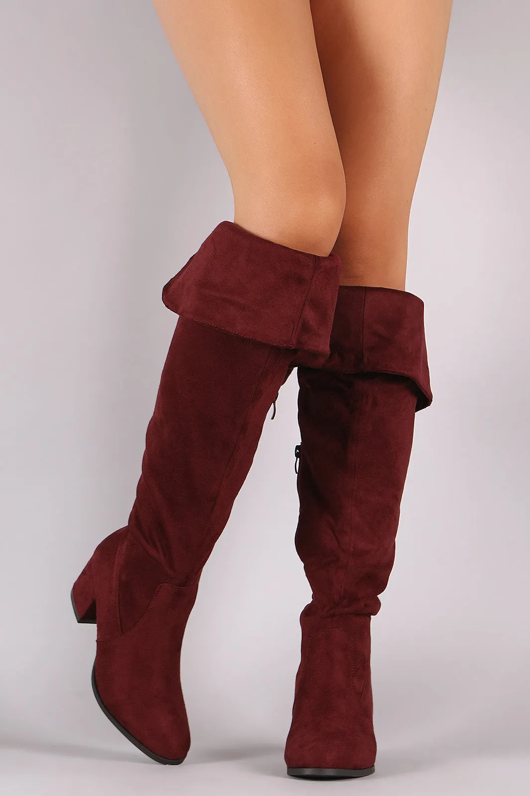 Suede Cuff Back-Slit Block Heeled Over-The-Knee Boots