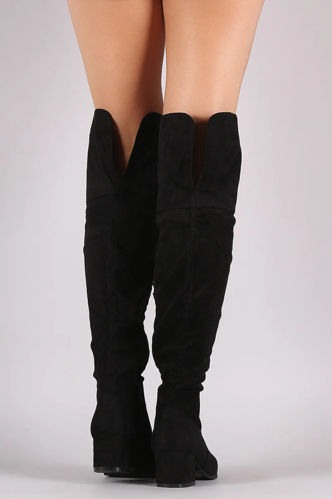 Suede Cuff Back-Slit Block Heeled Over-The-Knee Boots