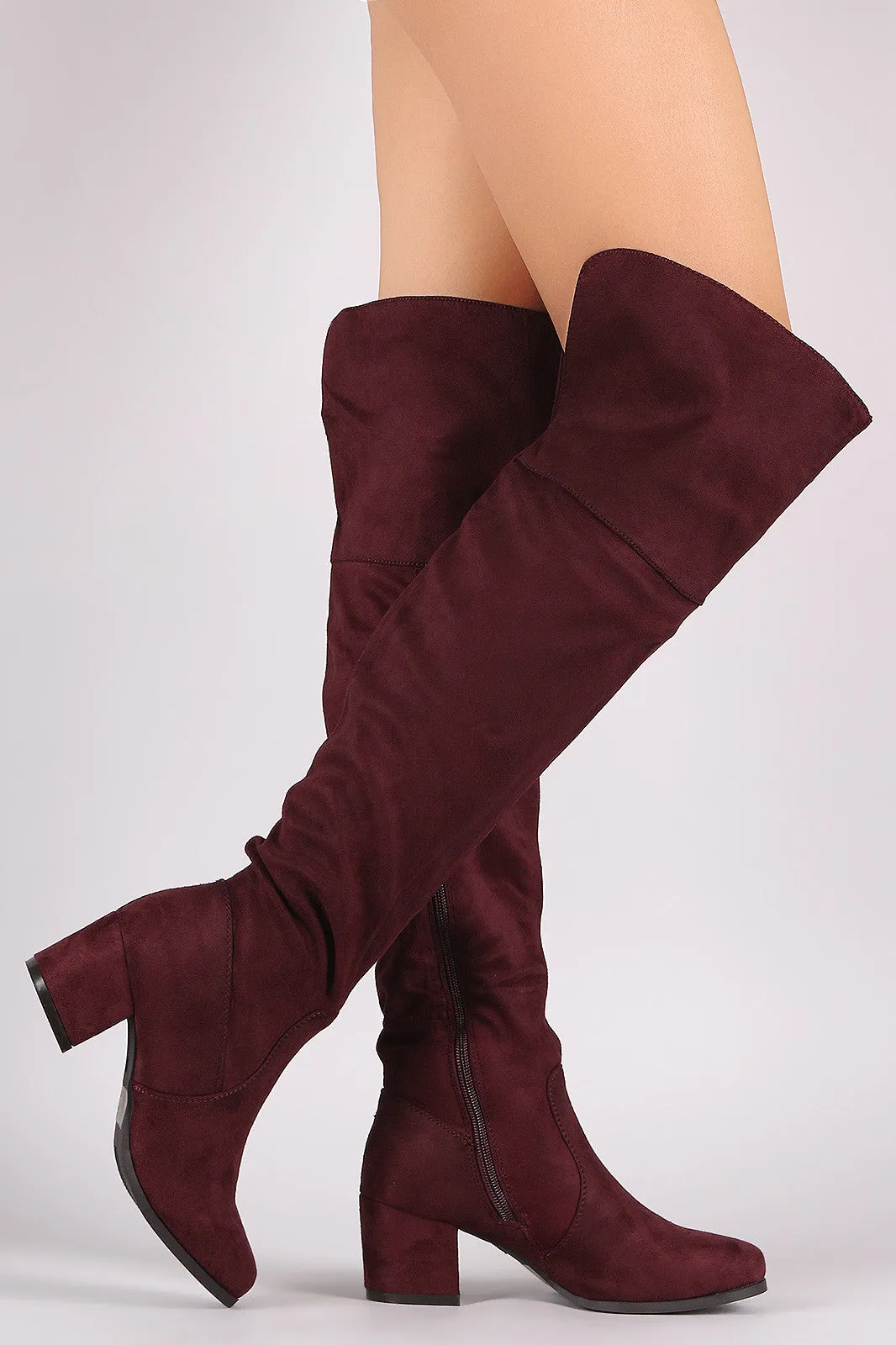 Suede Cuff Back-Slit Block Heeled Over-The-Knee Boots