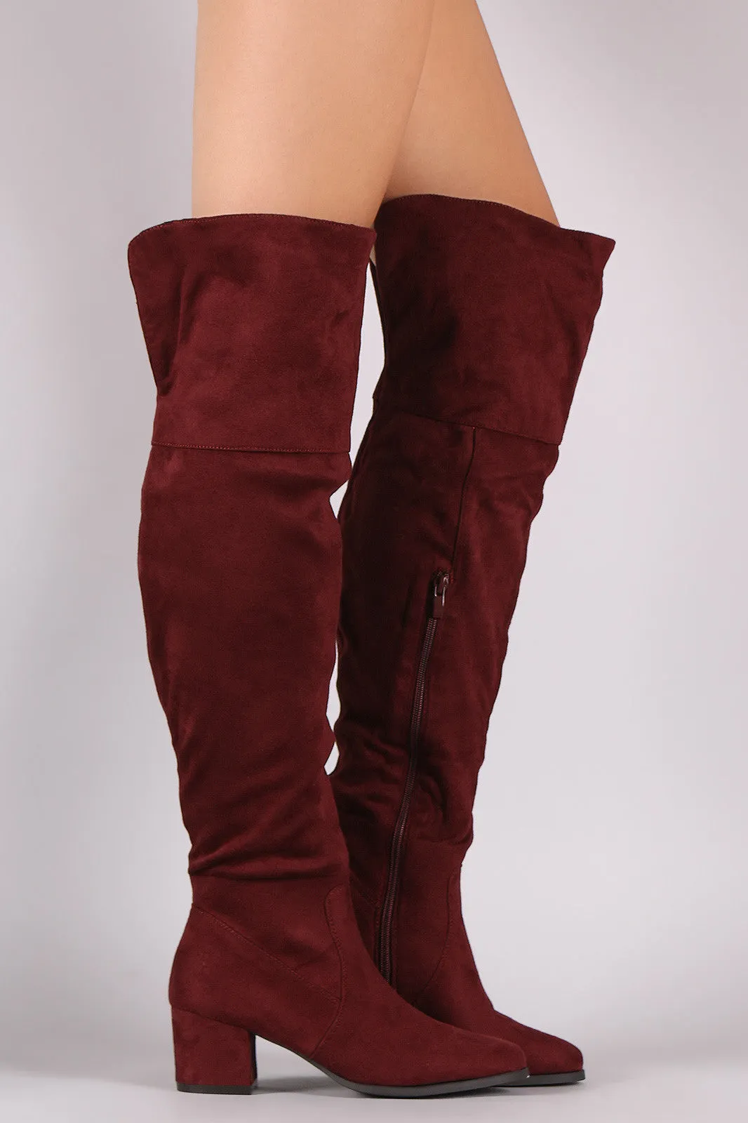 Suede Cuff Back-Slit Block Heeled Over-The-Knee Boots