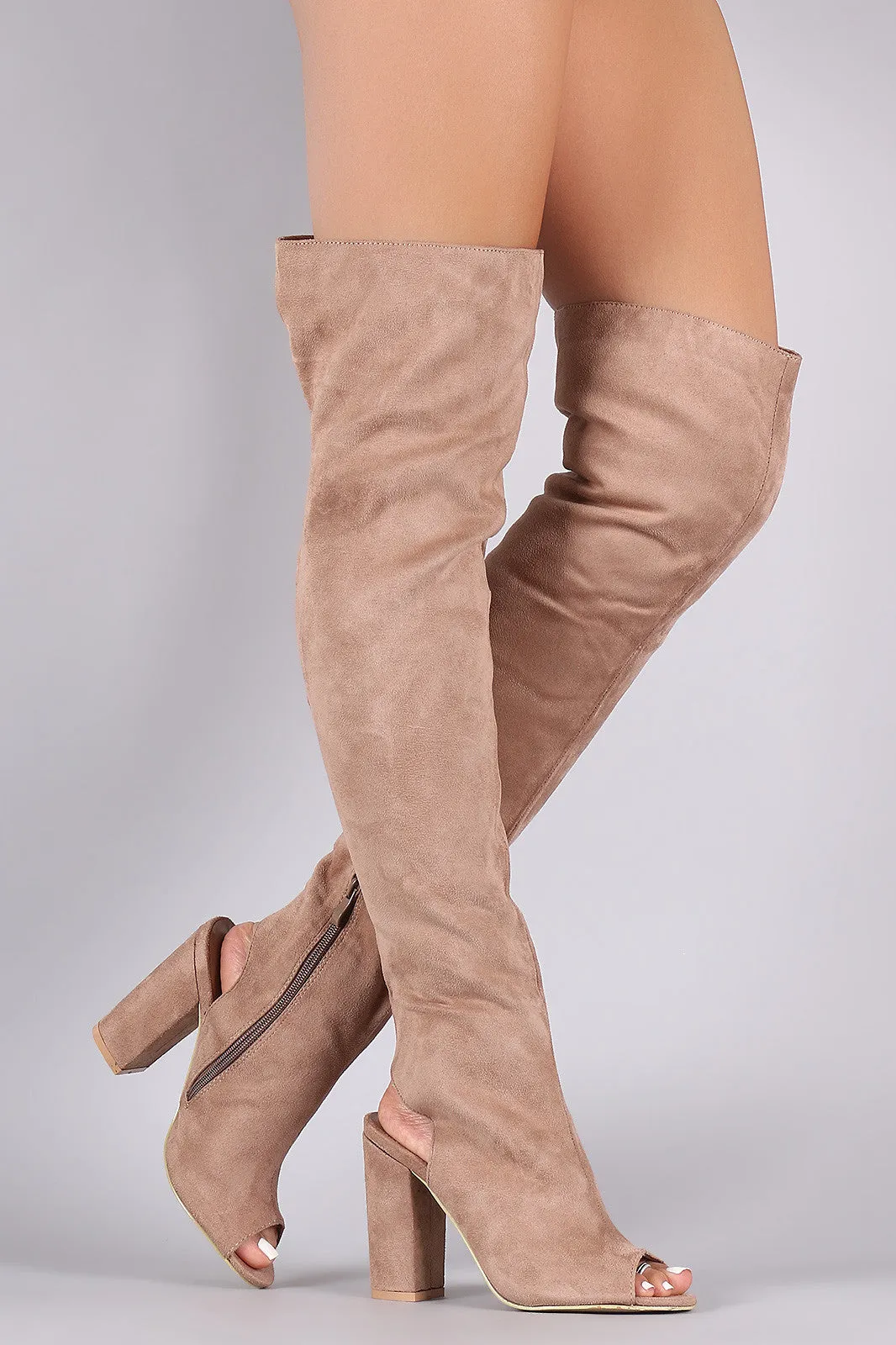 Suede Cutout Chunky Heeled Over-The-Knee Boots