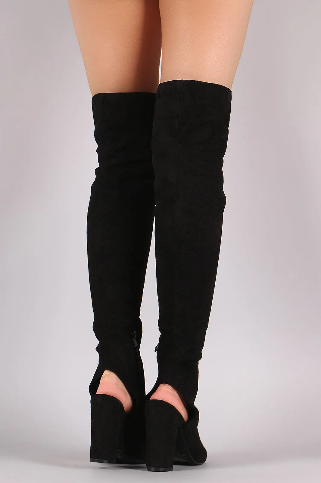 Suede Cutout Chunky Heeled Over-The-Knee Boots