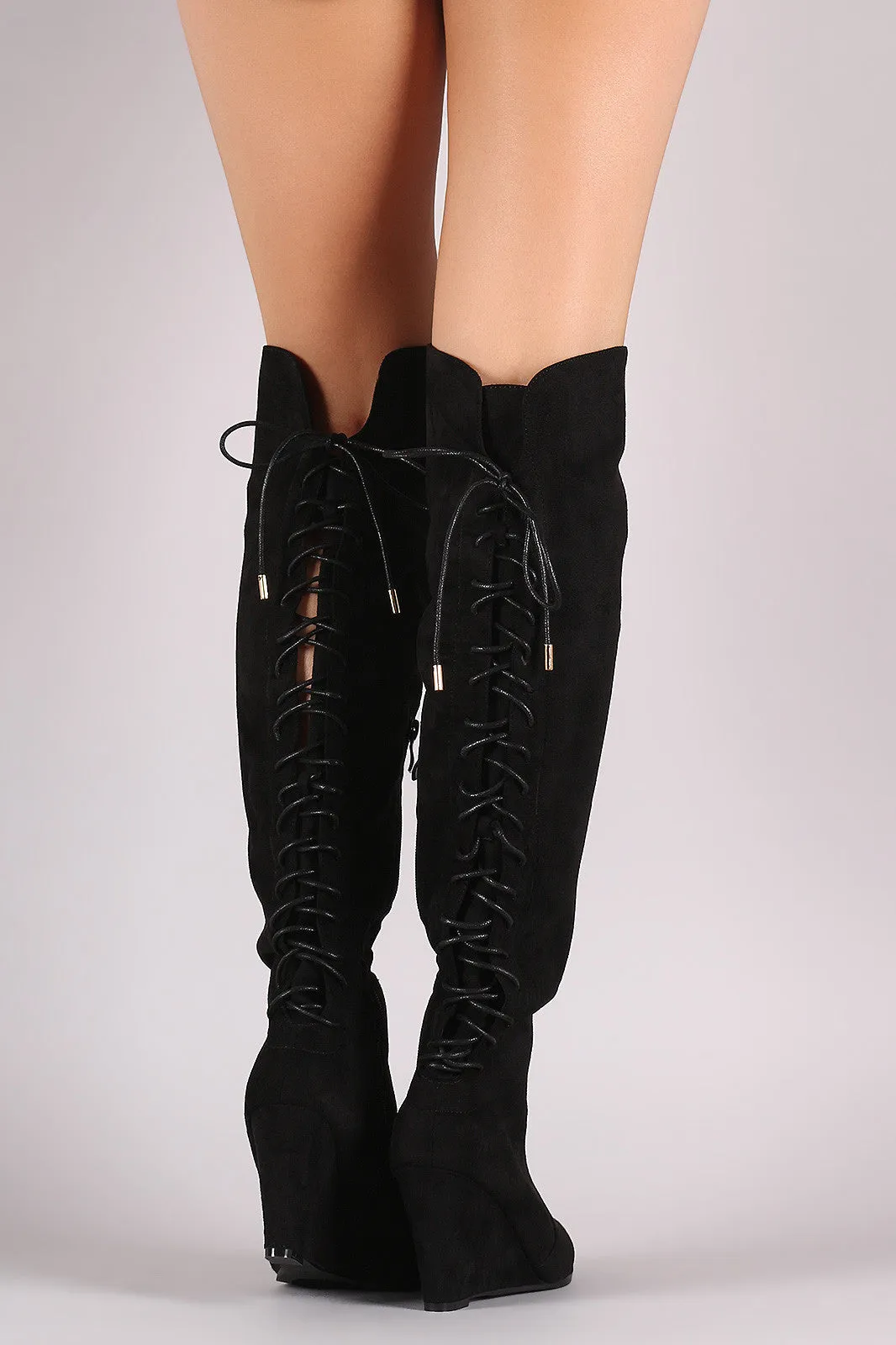 Suede Over-The-Knee Back Corset Wedge Boots