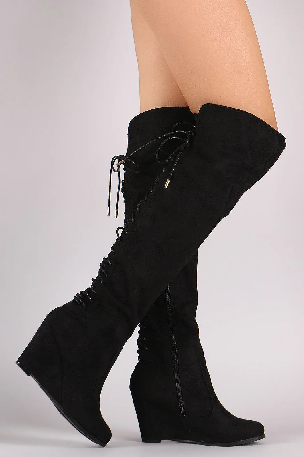 Suede Over-The-Knee Back Corset Wedge Boots