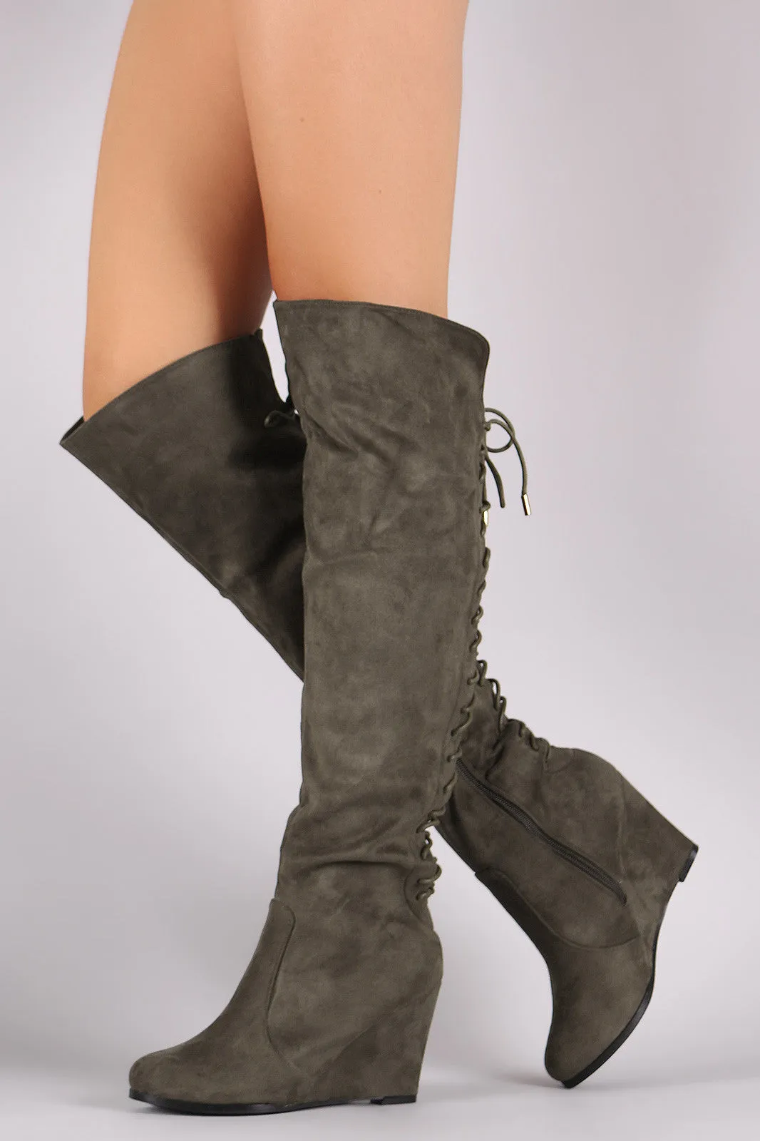 Suede Over-The-Knee Back Corset Wedge Boots